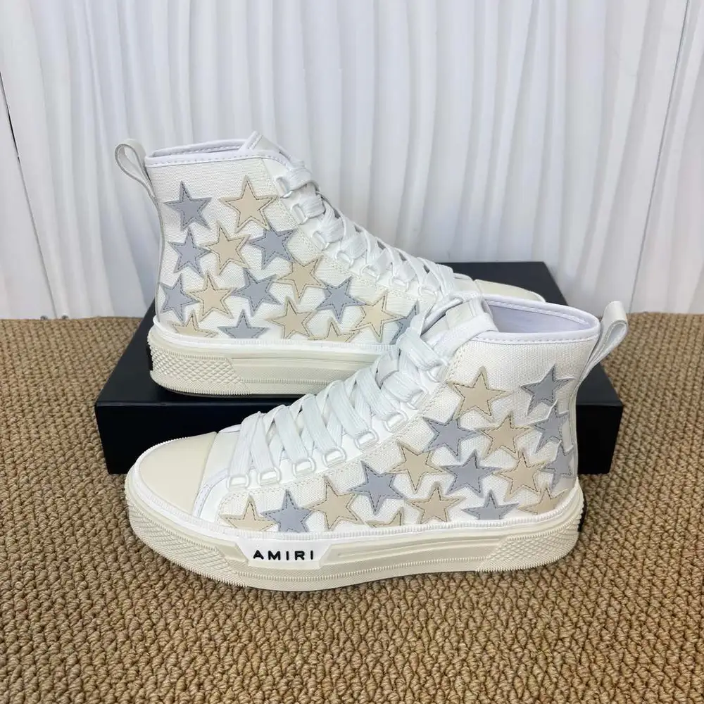 Amiri Stars Court Hi-Top Sneakers In White Grey Beige Star
