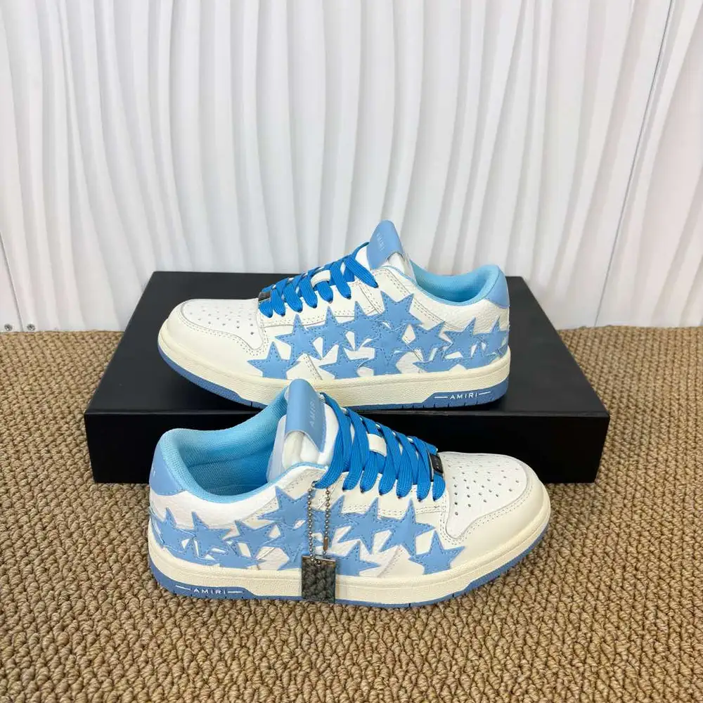 AMIRI Star Patch Low-Top Sneakers in White and Sky Blue