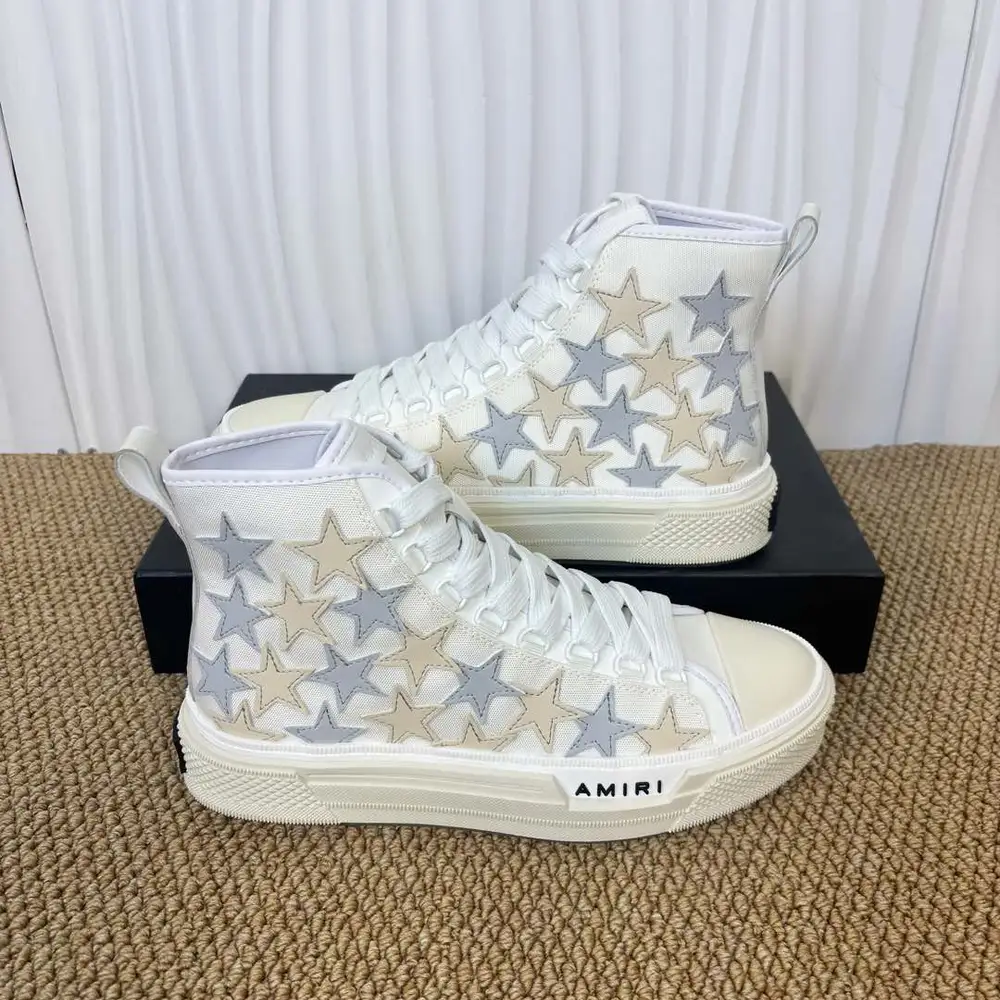 Amiri Stars Court Hi-Top Sneakers In White Grey Beige Star